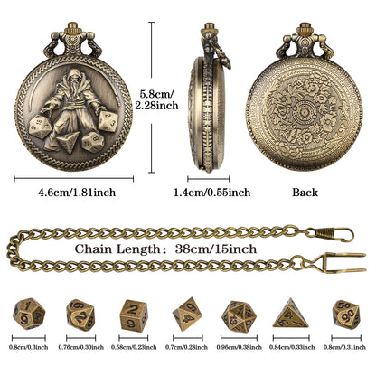 DIEACE D&D Wizard-themed Metal Pocket Watch Dice Set