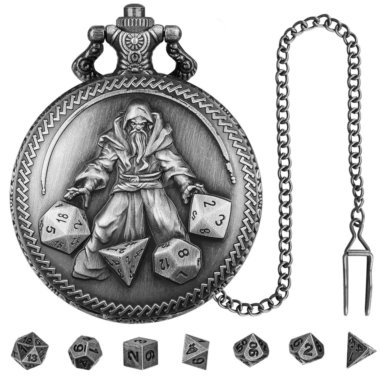 DIEACE D&D Wizard-themed Metal Pocket Watch Dice Set