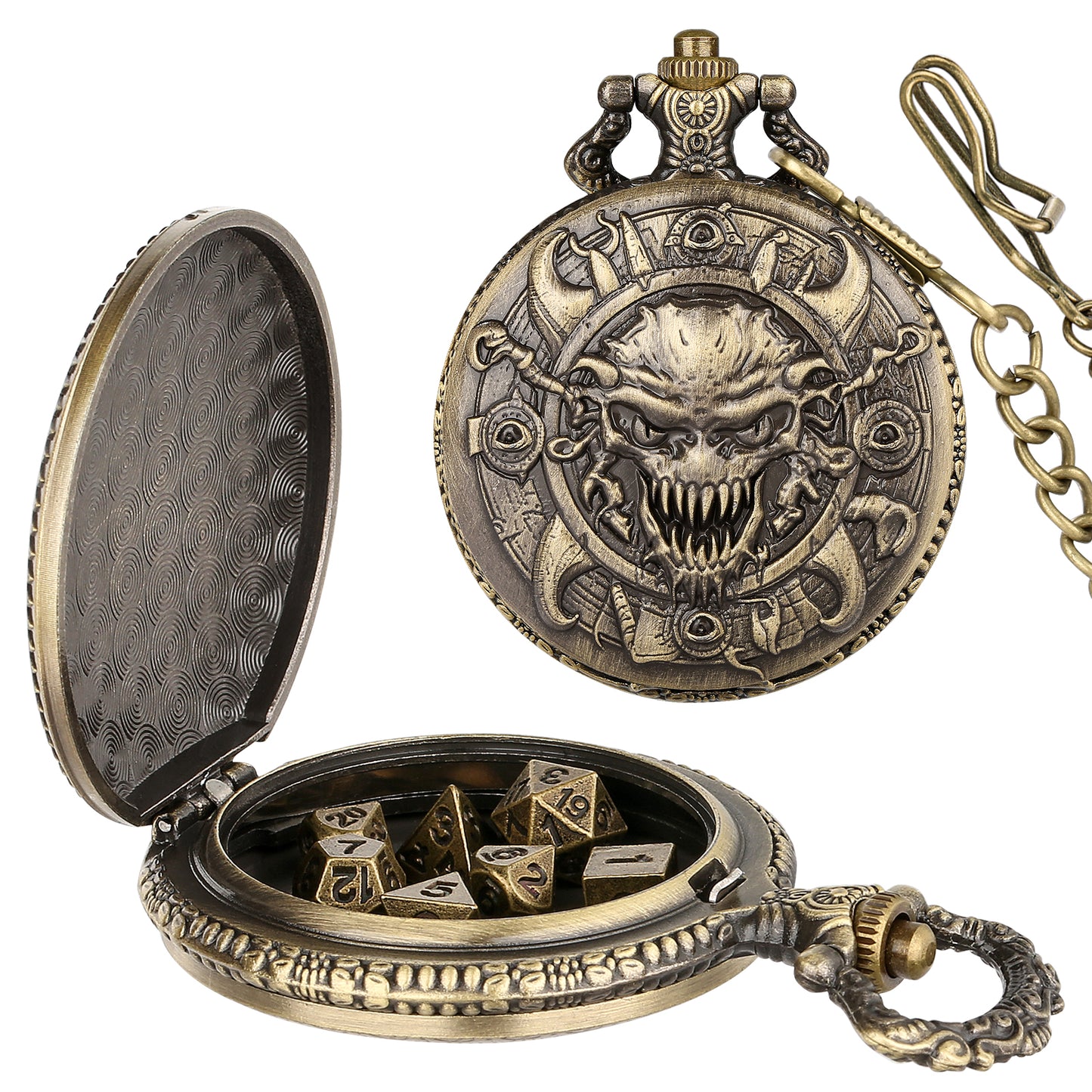 DIEACE D&D Skull Metal Pocket Watch Dice Set