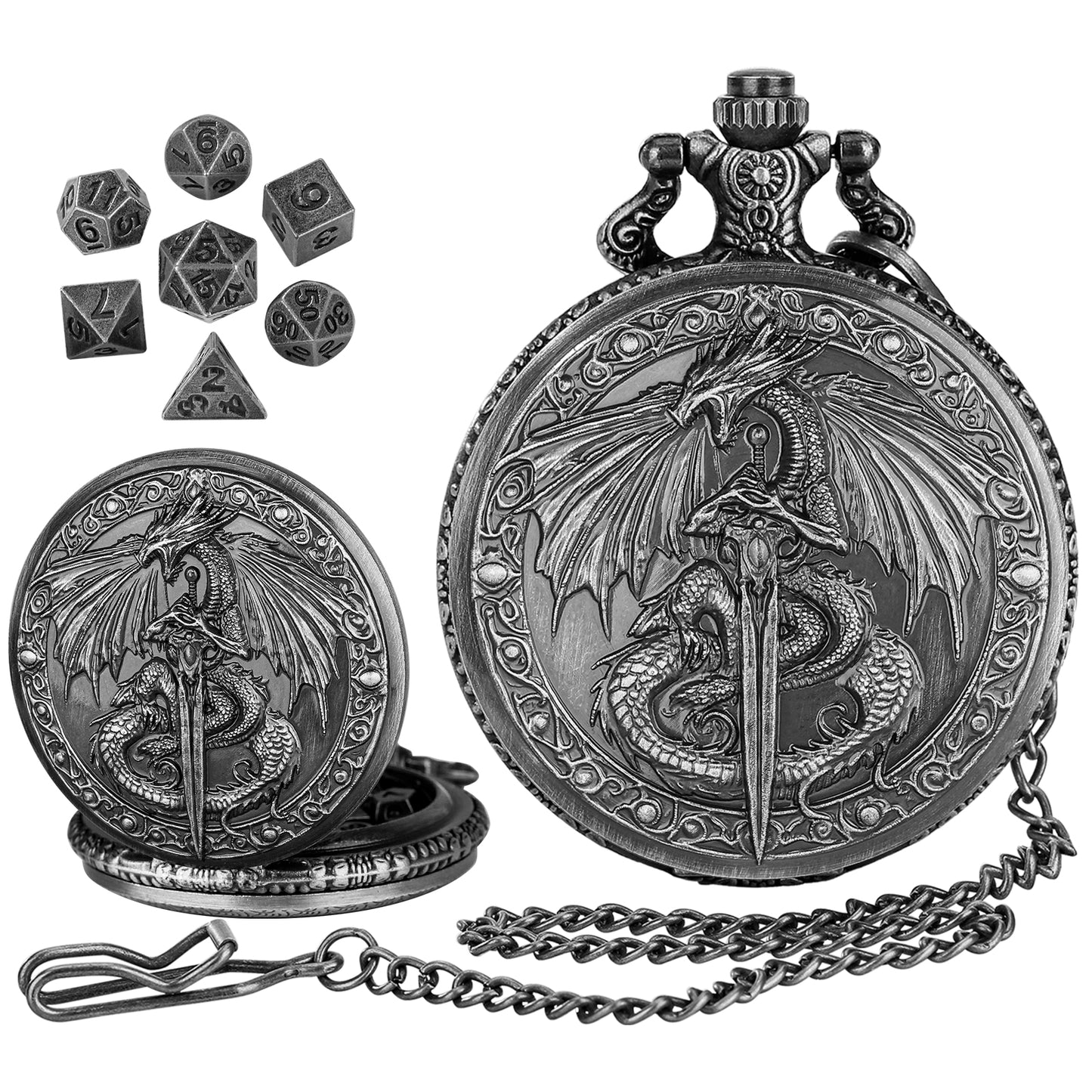 DIEACE D&D Longsword Pocket Watch Metal Dice Set