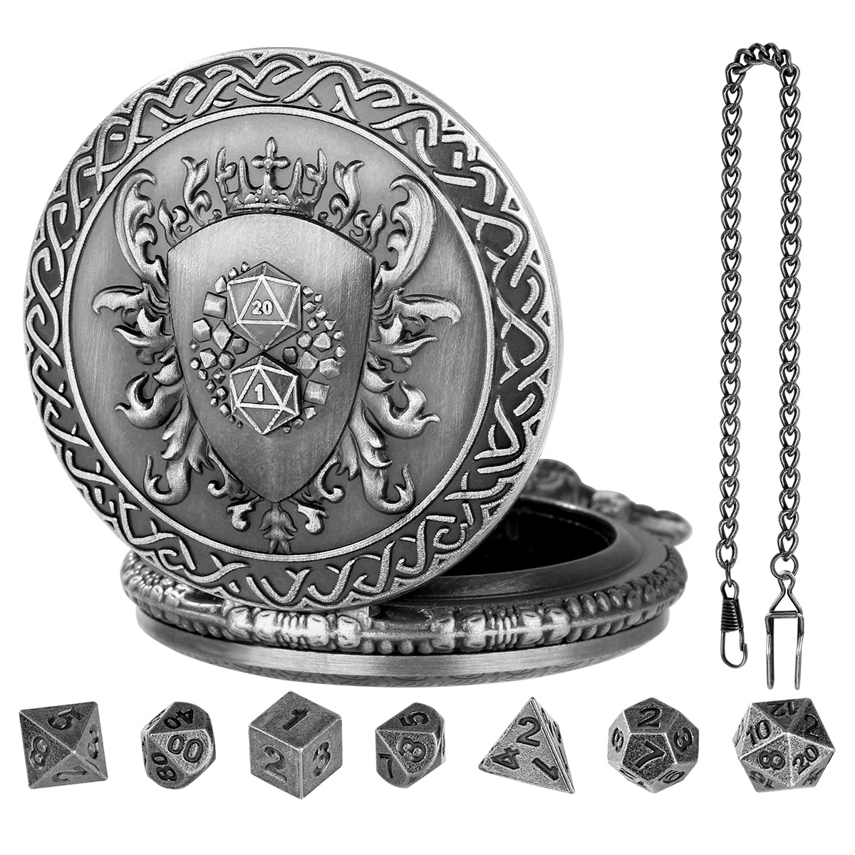 DIEACE D&D Shield Pocket Watch Metal Dice Set
