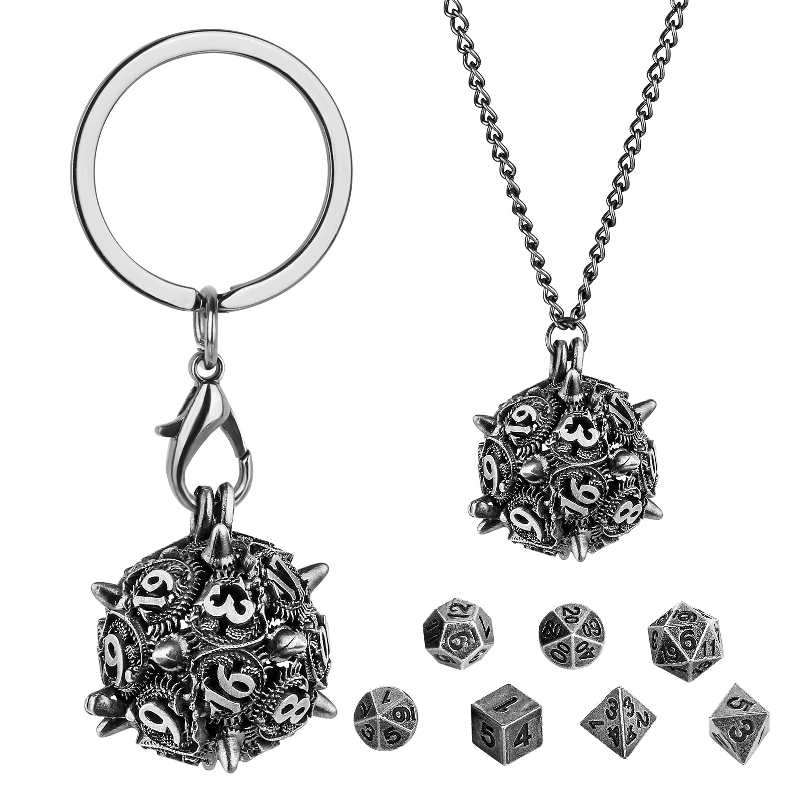 DIEACE D&D Spiked Cage Keychain Metal Dice Set