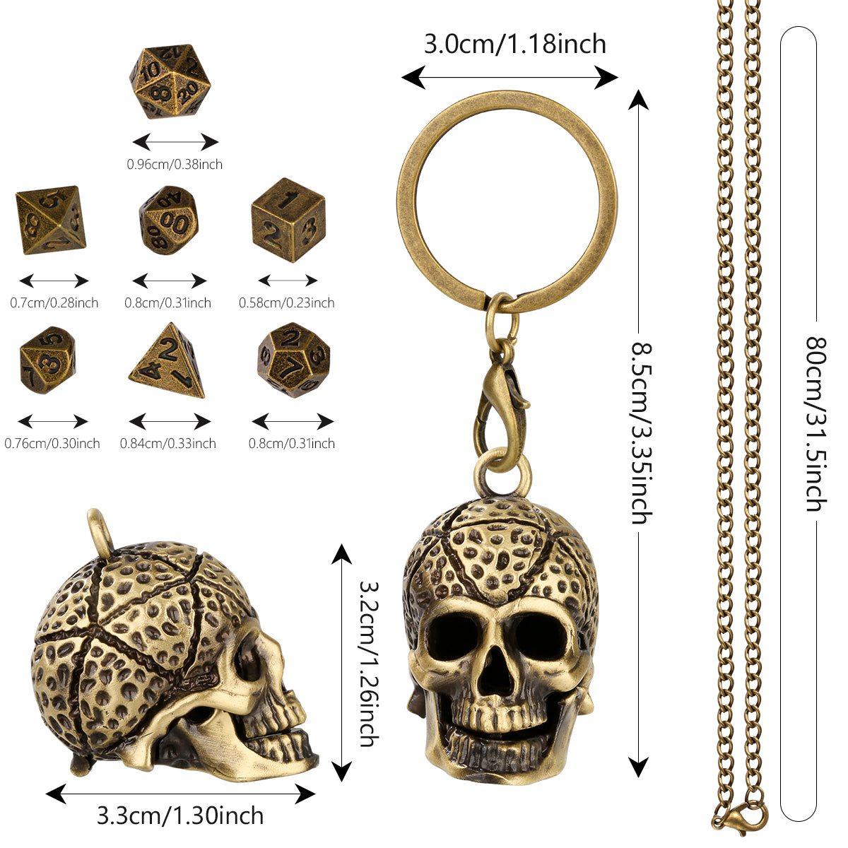 DIEACE D&D Skull Keychain Metal Dice Set