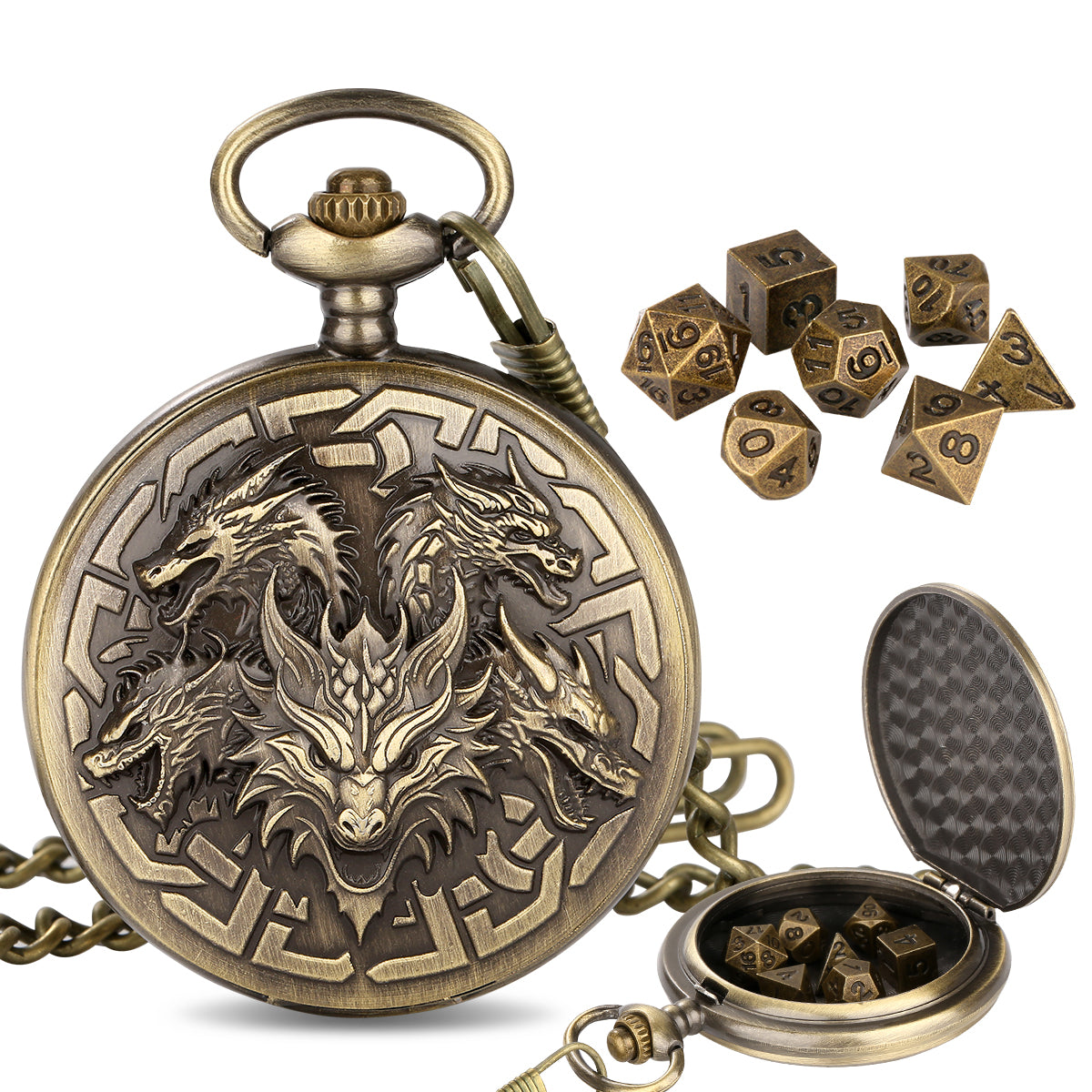 DIEACE D&D Dragon Head Pocket Watch Metal Dice Set