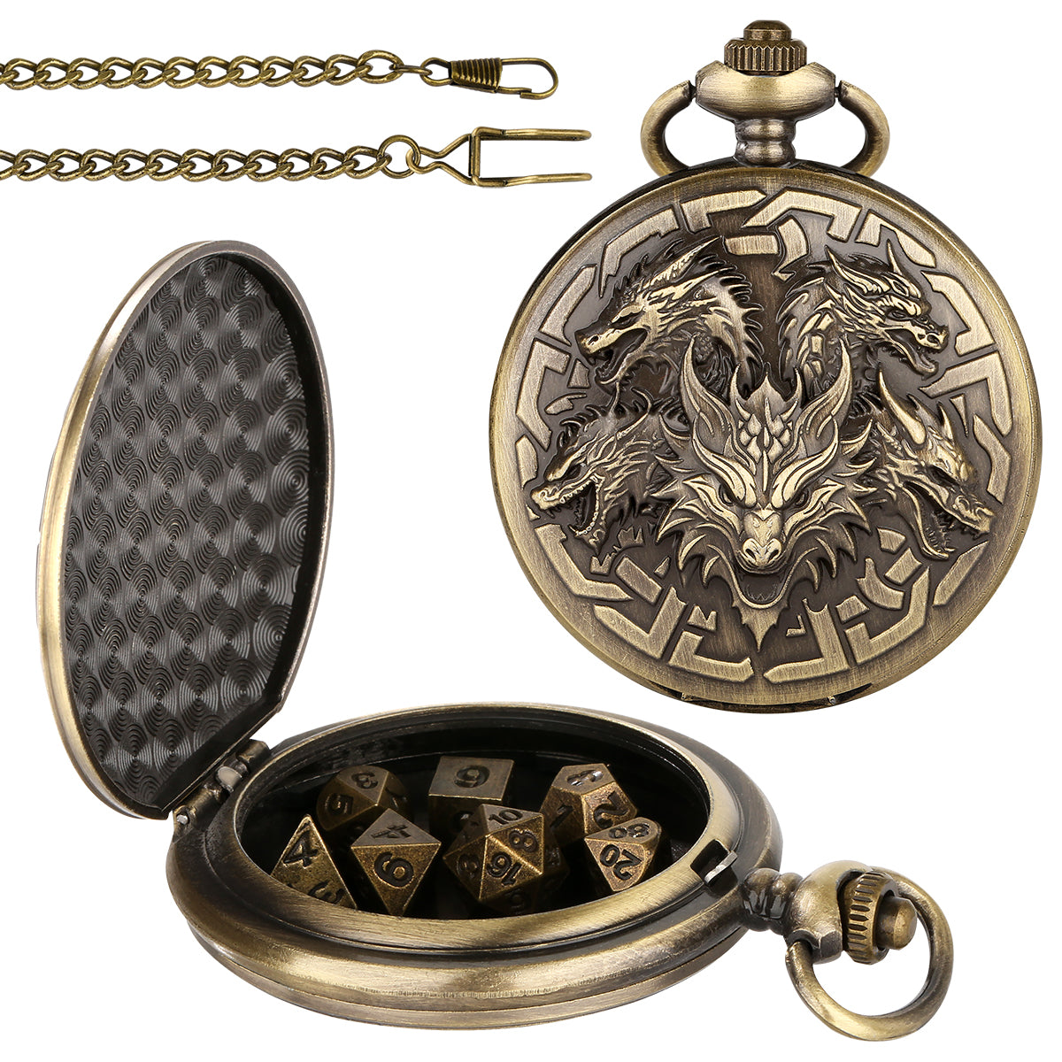 DIEACE D&D Dragon Head Pocket Watch Metal Dice Set
