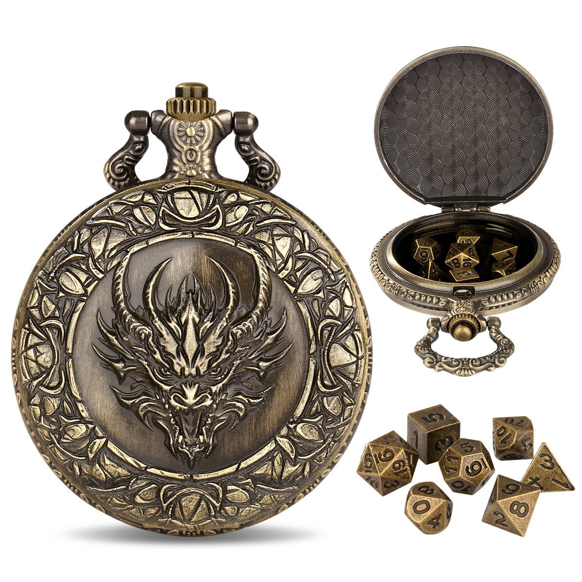 DIEACE D&D Dragon Head Pocket Watch Metal Dice Set
