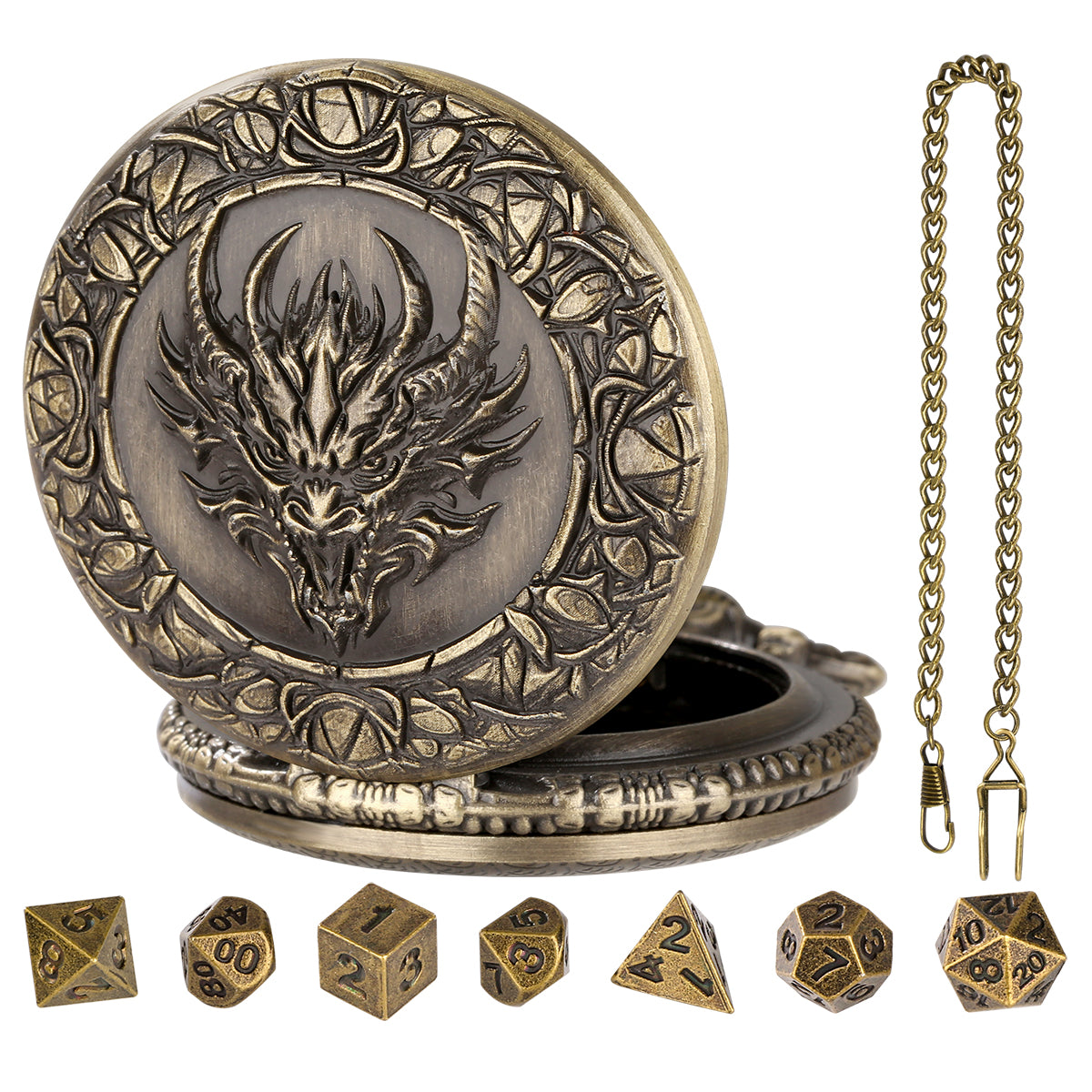 DIEACE D&D Dragon Head Pocket Watch Metal Dice Set