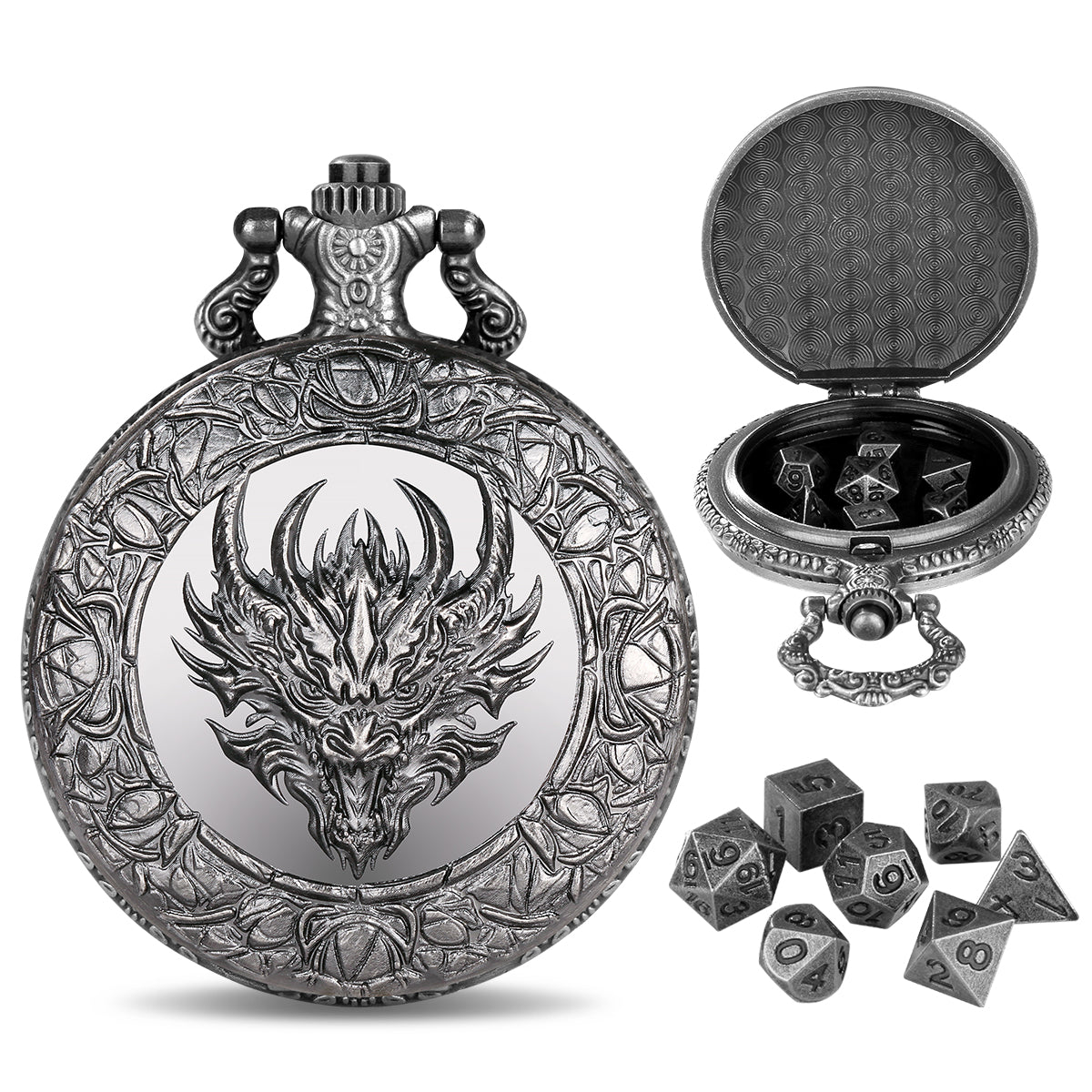 DIEACE D&D Dragon Head Pocket Watch Metal Dice Set