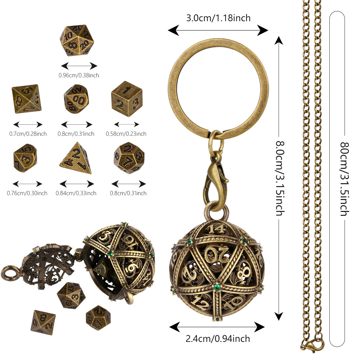 DIEACE D&D Hollow 20-Sided Keychain Metal Dice Set