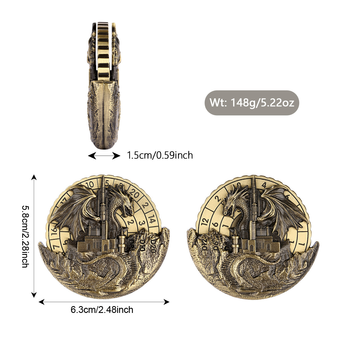 DIEACE D&D Dragon & Castle Metal Spinner Dice 7-in-1