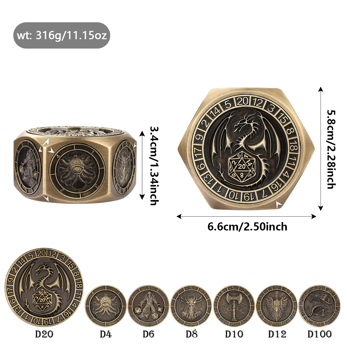 DIEACE D&D Low-Profile 6-Sided Metal Dice 7-in-1