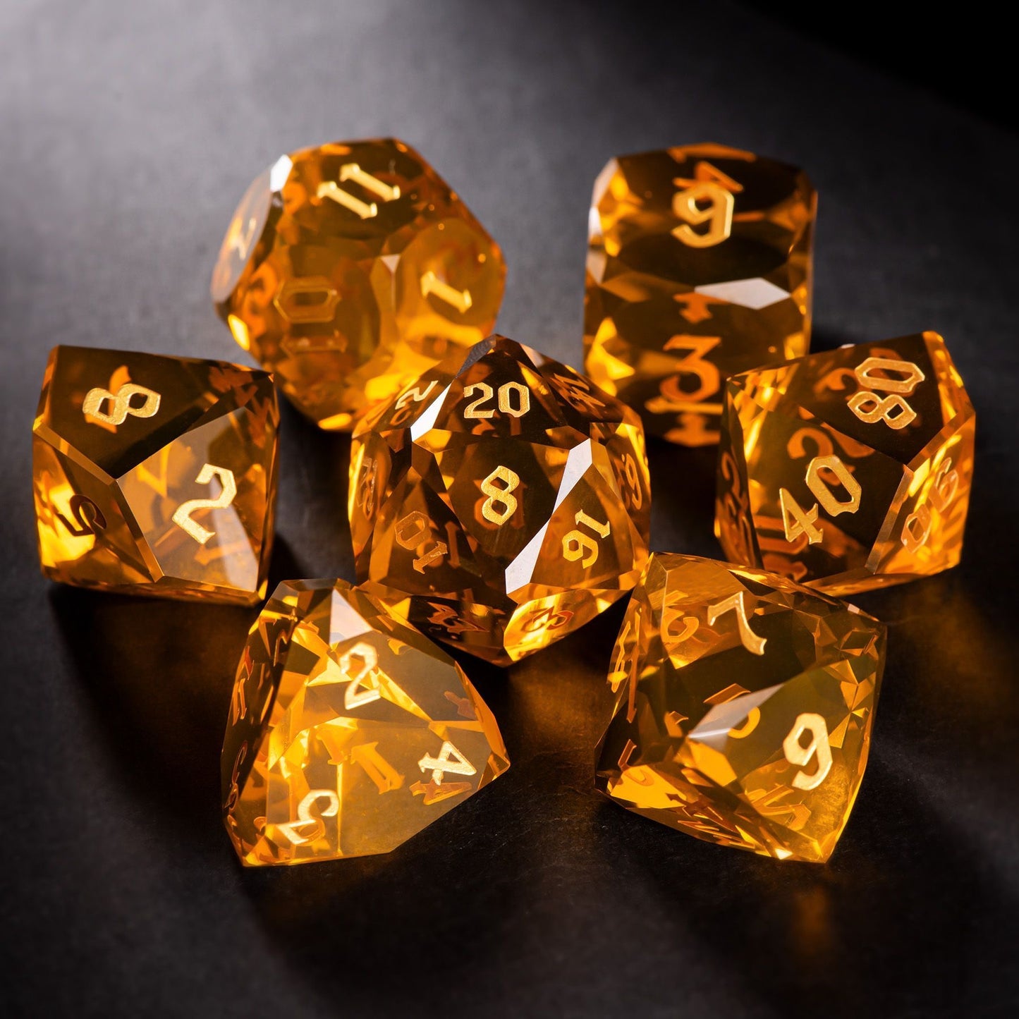 DIEACE D&D Orange Multi-faceted Engraved Glass Dice Set