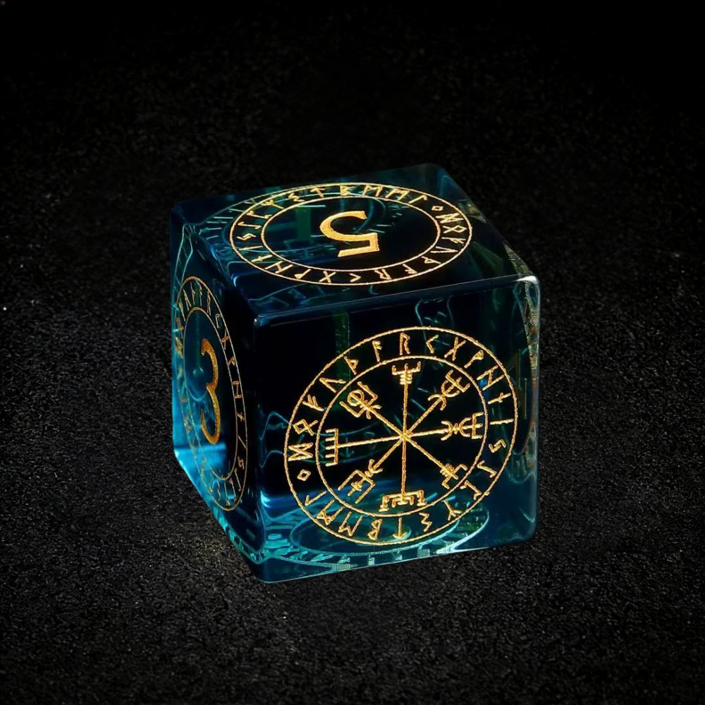 DIEACE D&D Mystical Symbols Colorful Blue Crystal Glass Gemstone Engraved Dice Set