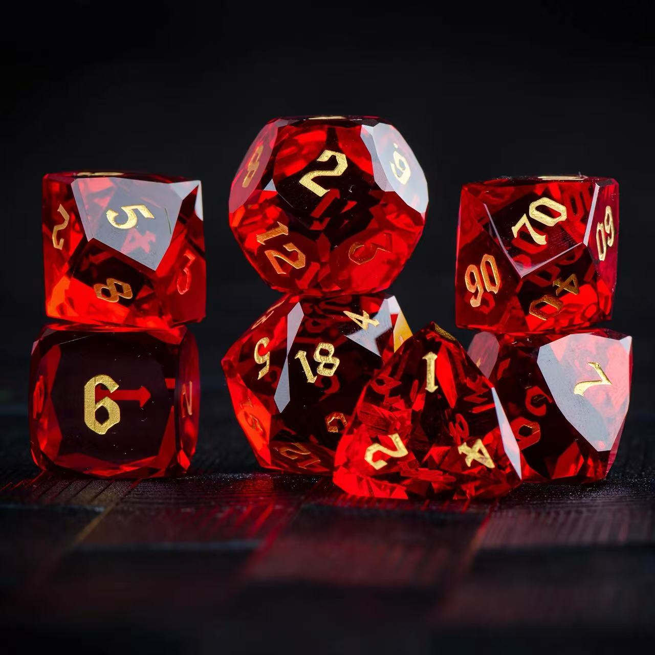 DIEACE D&D Red Multi-faceted Engraved Glass Dice Set