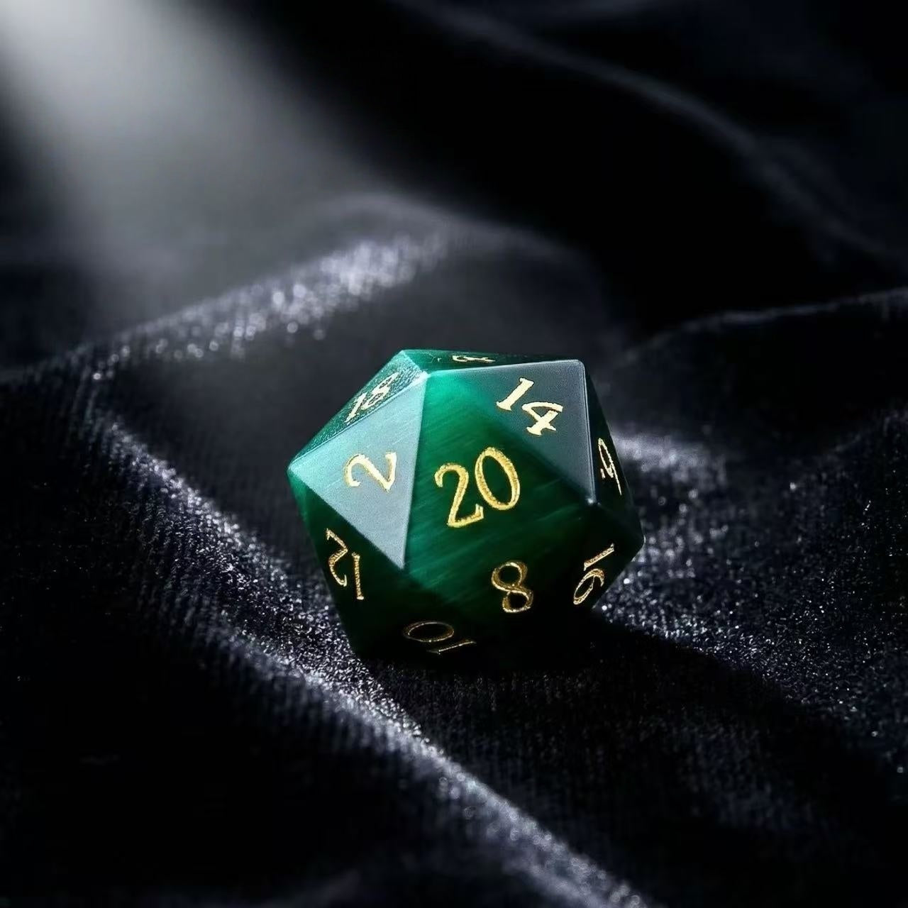DIEACE D&D Dark Green Cats Eye Stone Gemstone Engraved Dice Set