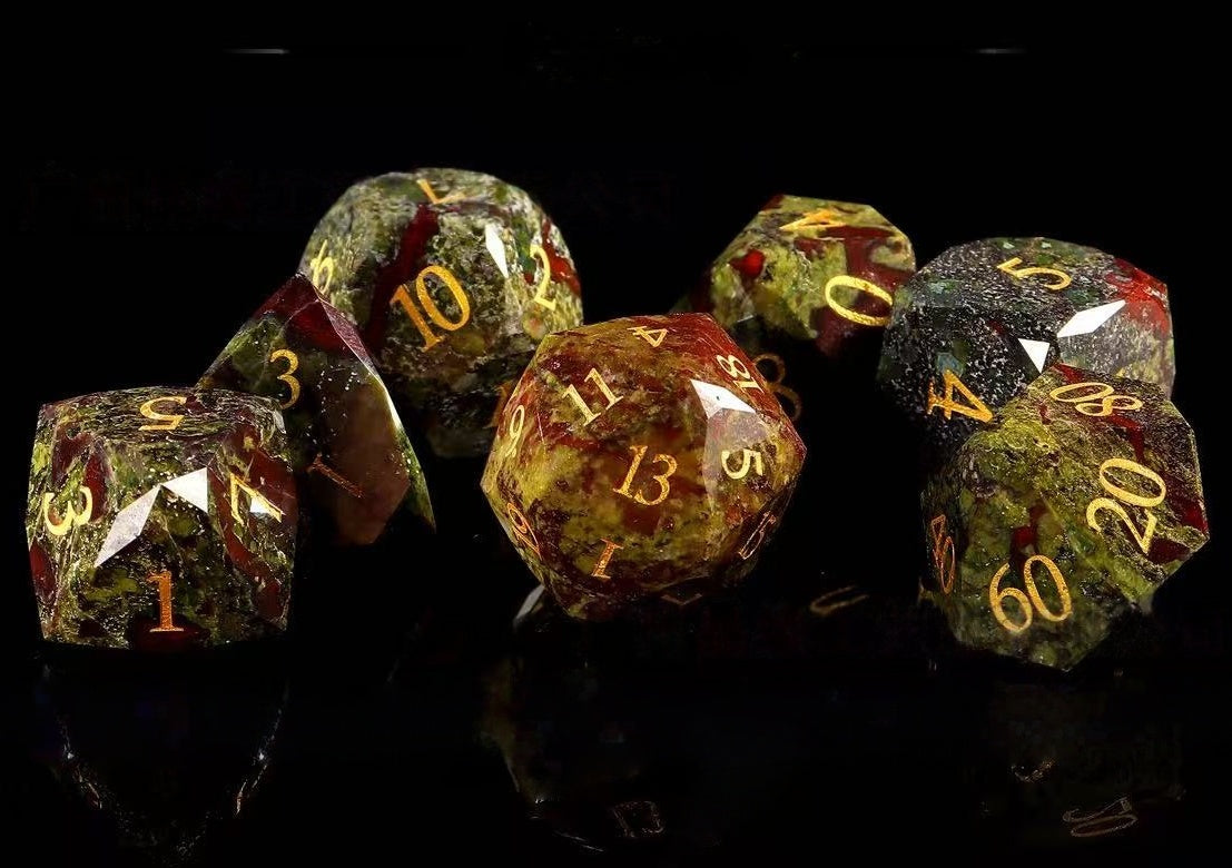 DIEACE D&D Dragon Bloodstone Multi-Faceted Gemstone Engraved Dice Set