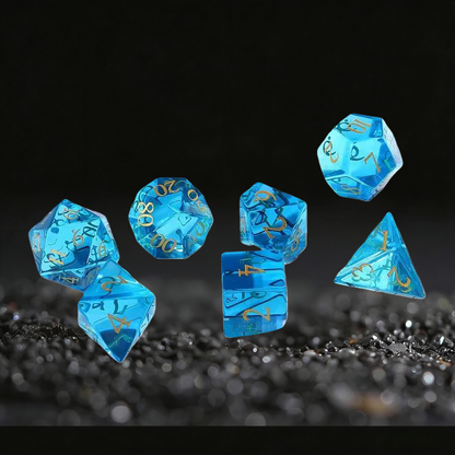 DIEACE D&D Sea Blue Crystal Glass Gemstone Engraved Dice Set