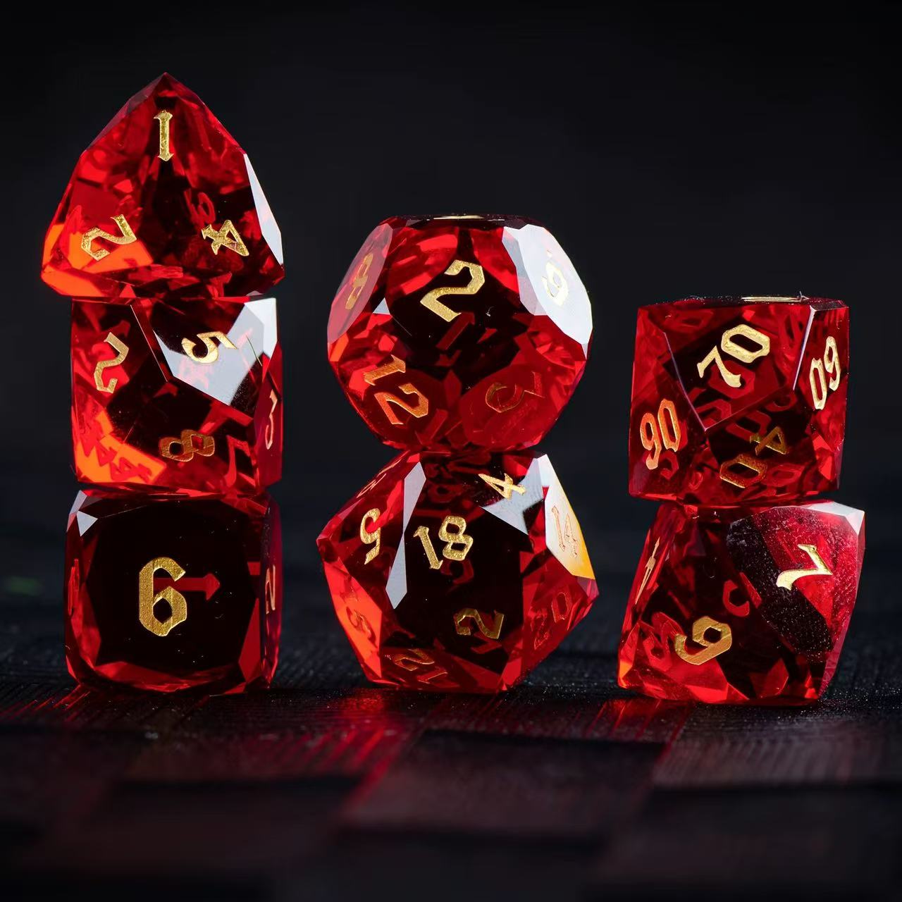 DIEACE D&D Red Multi-faceted Engraved Glass Dice Set