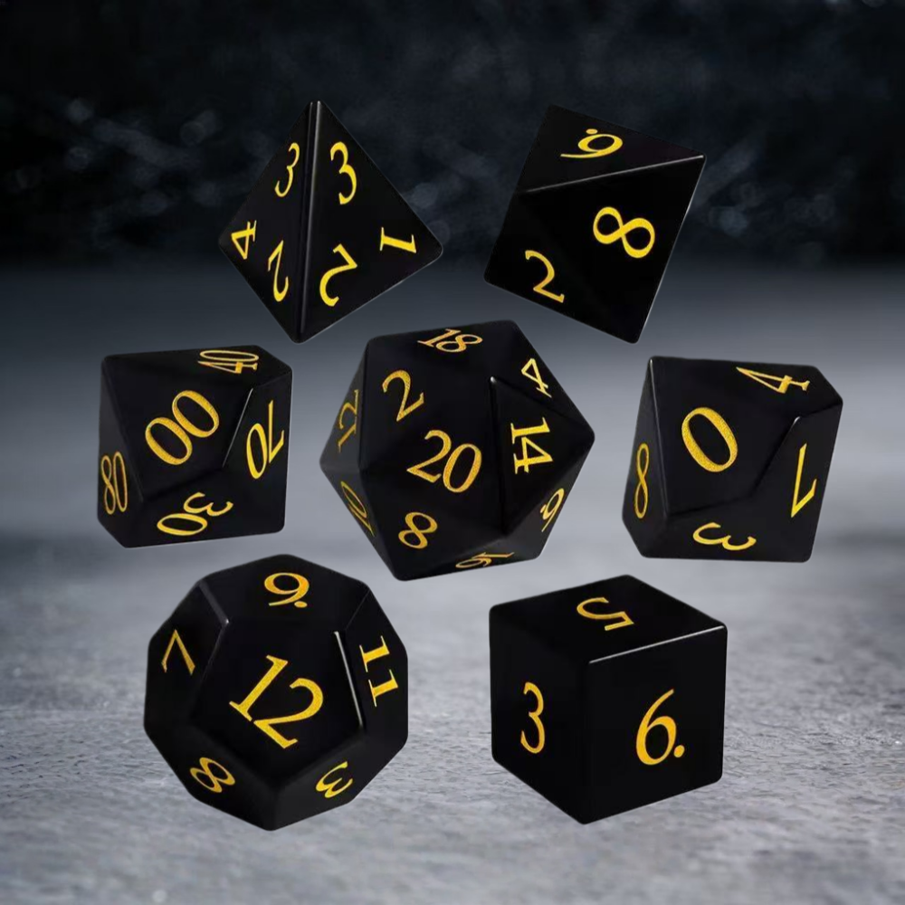 DIEACE D&D Obsidian Gemstone Engraved Dice Set