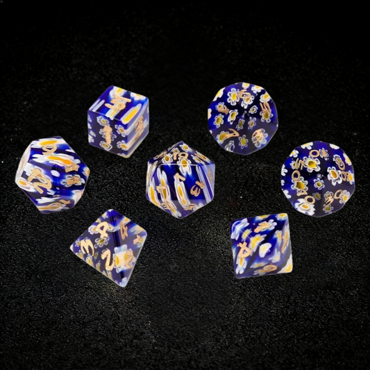 DIEACE D&D Blue Patterned Liuli Gemstone Engraved Dice Set