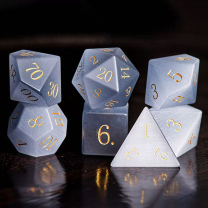 DIEACE D&D Gray Cats Eye Stone Gemstone Engraved Dice Set