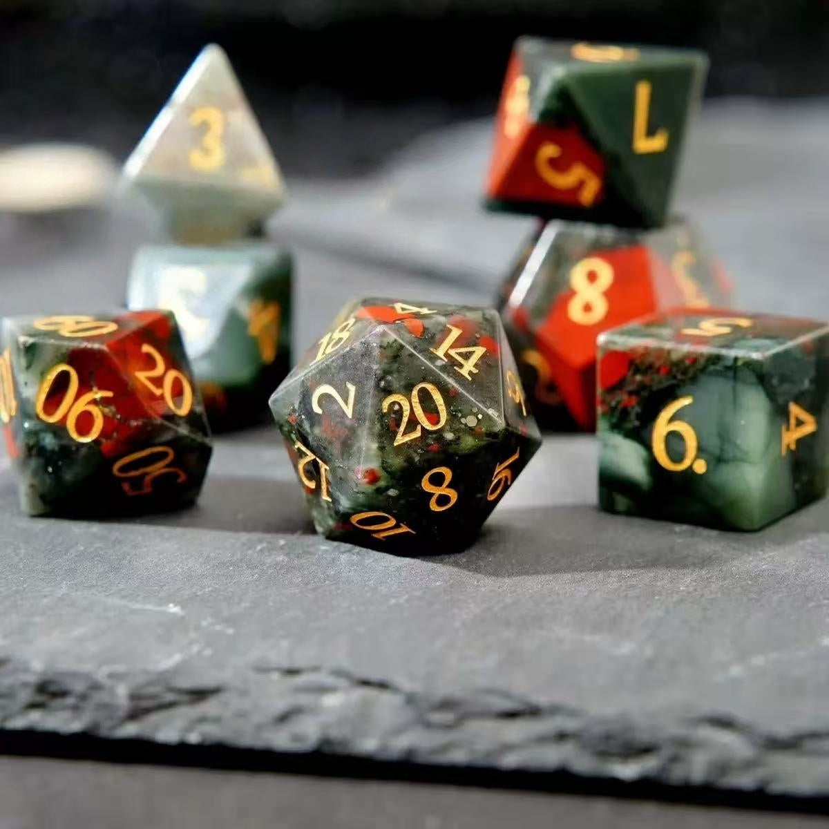 DIEACE D&D African Bloodstone Gemstone Engraved Dice Set