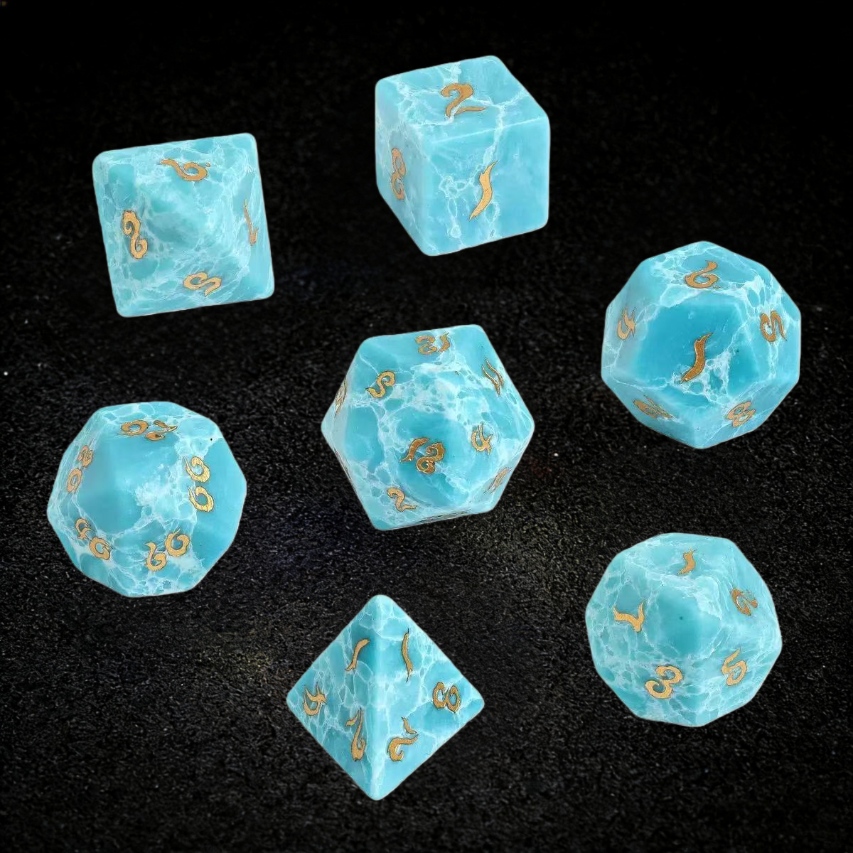 DIEACE D&D Lake Blue Turquoise Gemstone Engraved Dice Set