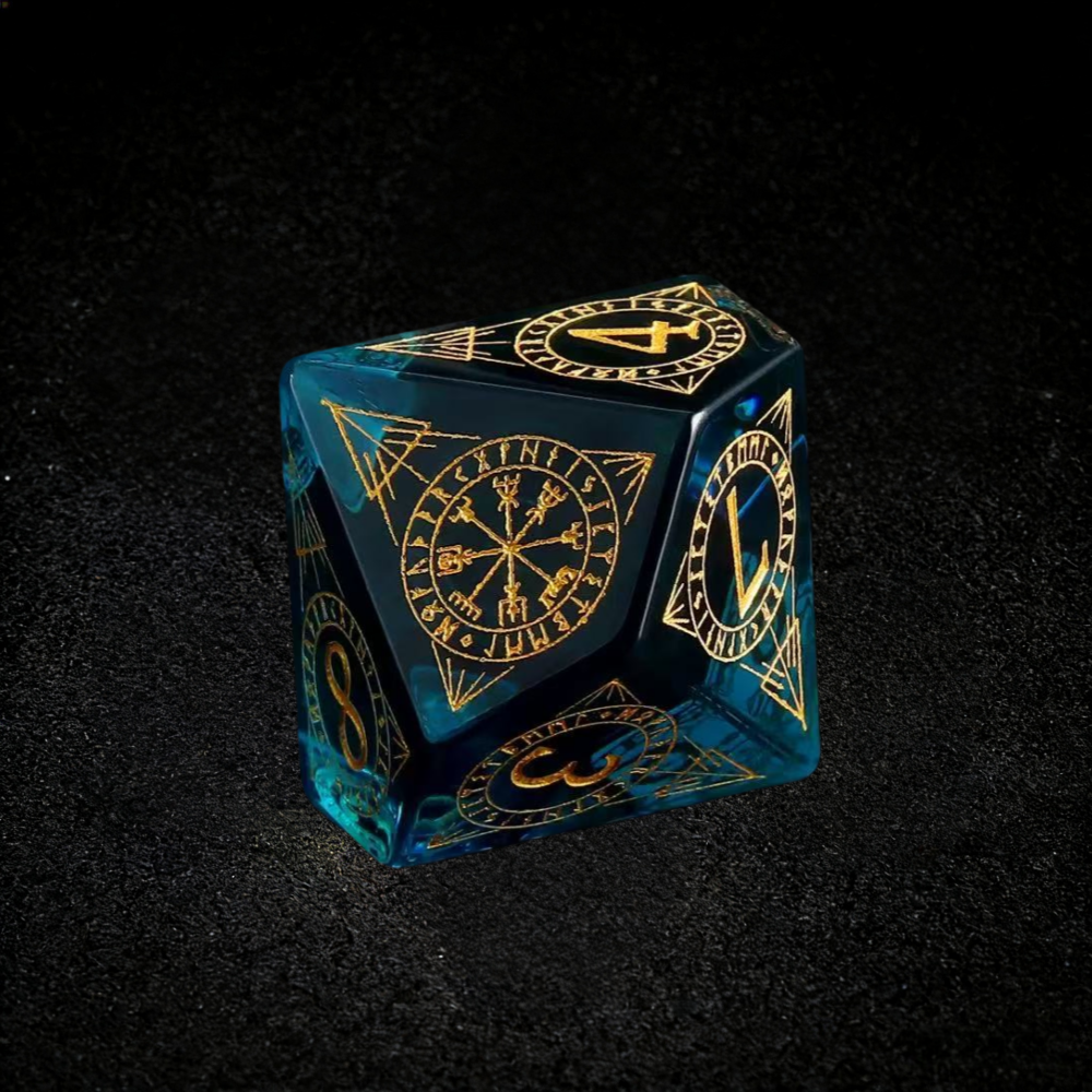 DIEACE D&D Mystical Symbols Colorful Blue Crystal Glass Gemstone Engraved Dice Set