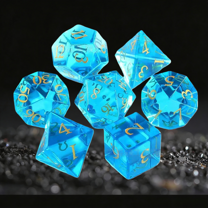 DIEACE D&D Sea Blue Crystal Glass Gemstone Engraved Dice Set