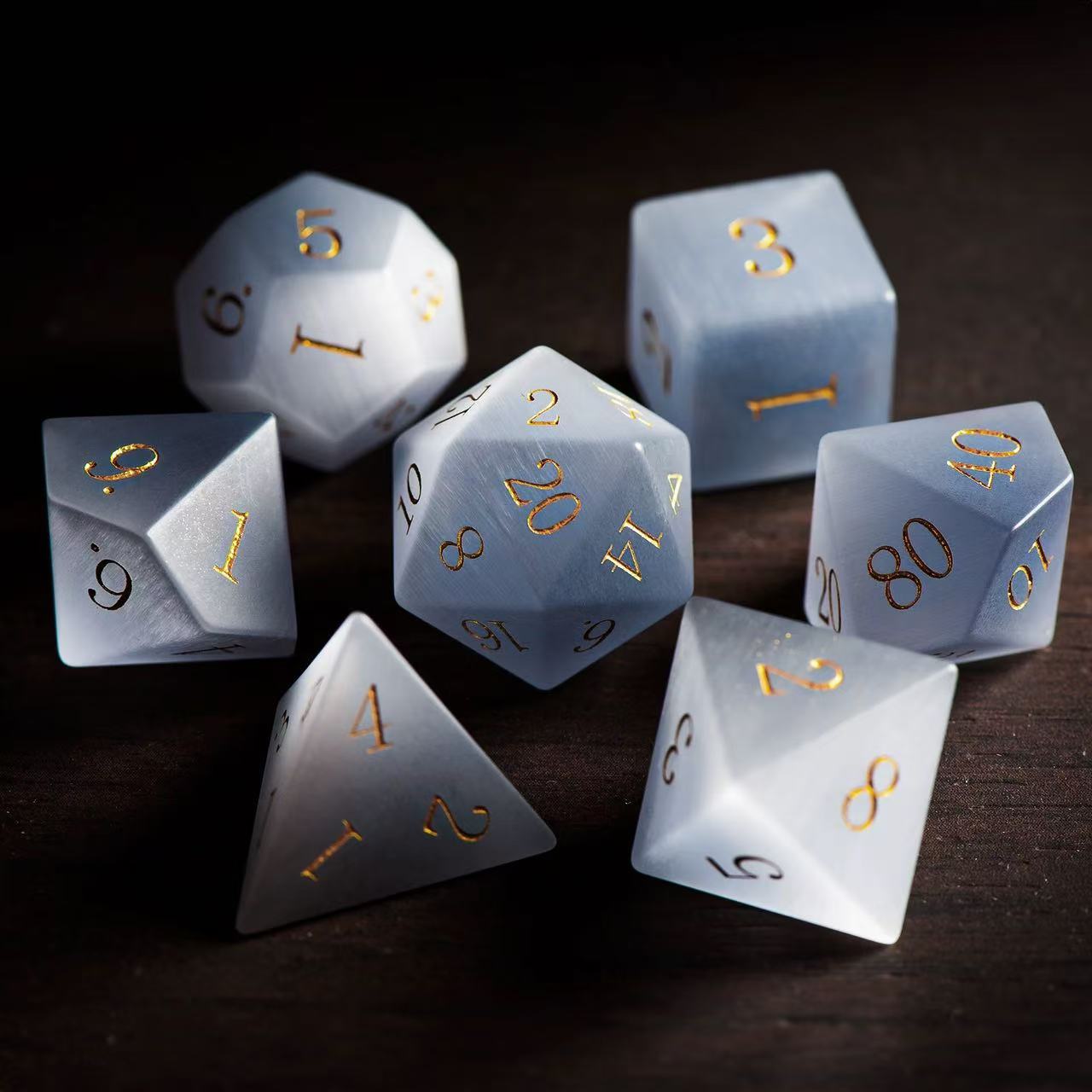DIEACE D&D Gray Cats Eye Stone Gemstone Engraved Dice Set