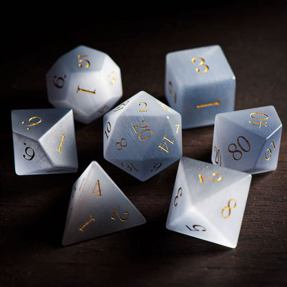 DIEACE D&D Gray Cats Eye Stone Gemstone Engraved Dice Set