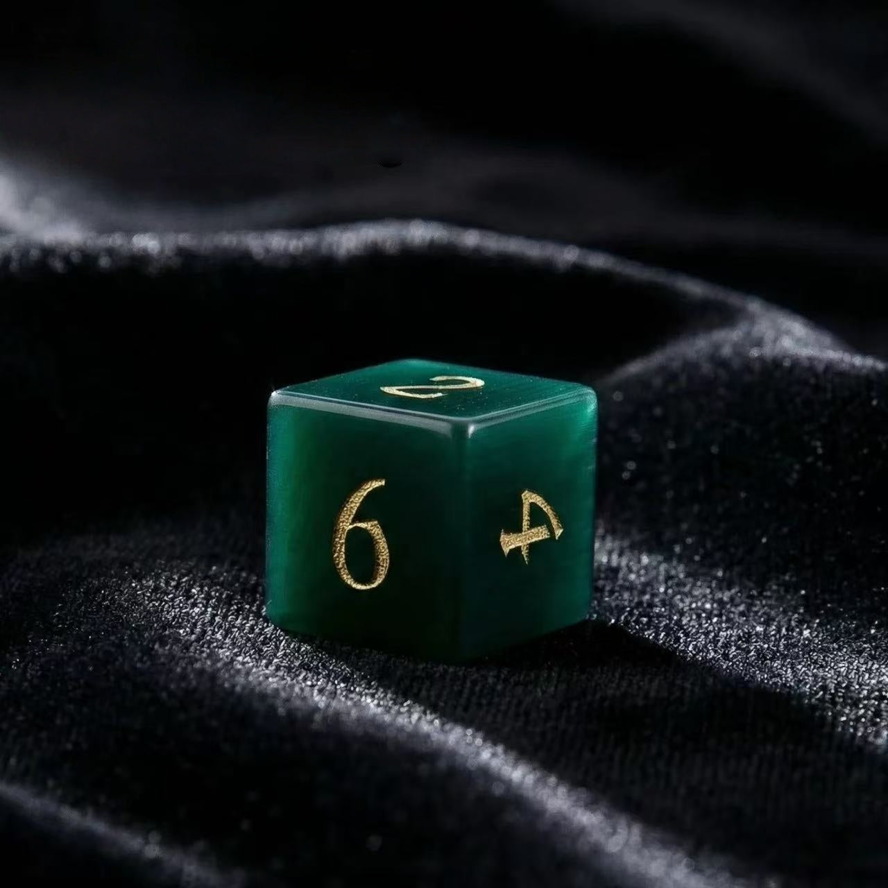 DIEACE D&D Dark Green Cats Eye Stone Gemstone Engraved Dice Set
