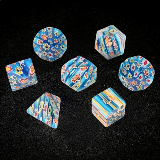 DIEACE D&D Light Blue Patterned Liuli Gemstone Engraved Dice Set