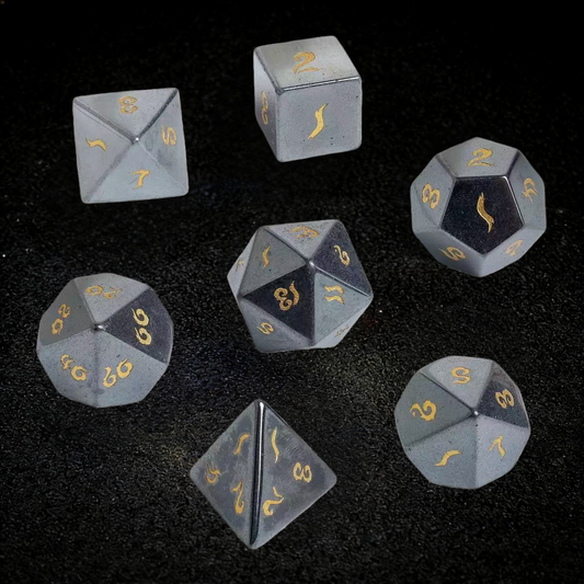 DIEACE D&D Hematite Gemstone Engraved Dice Set