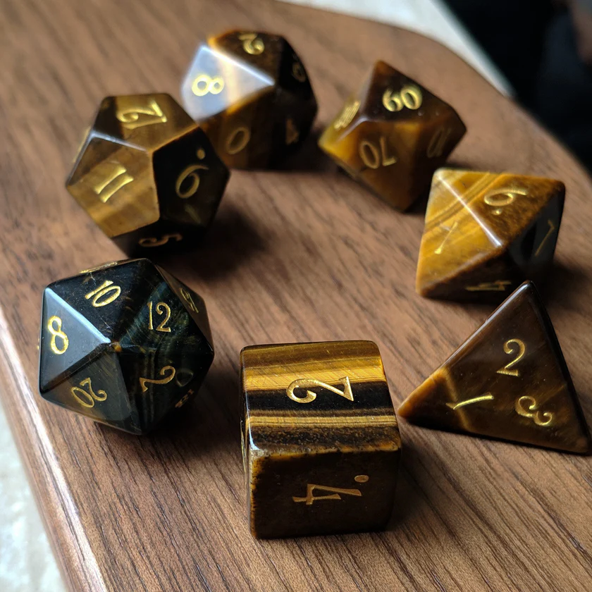 DIEACE D&D Tiger's Eye Gemstone Engraved Dice Set