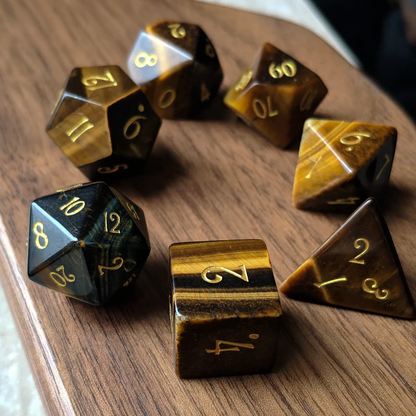 DIEACE D&D Tiger's Eye Gemstone Engraved Dice Set
