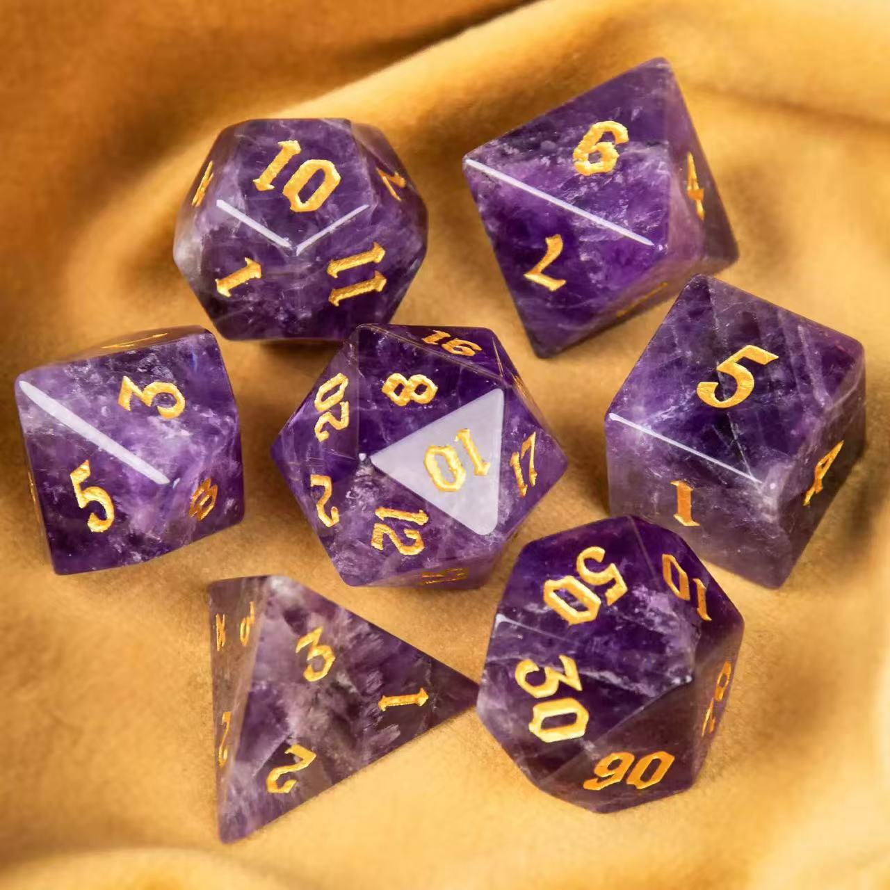 DIEACE D&D Amethyst Gemstone Engraved Dice Set
