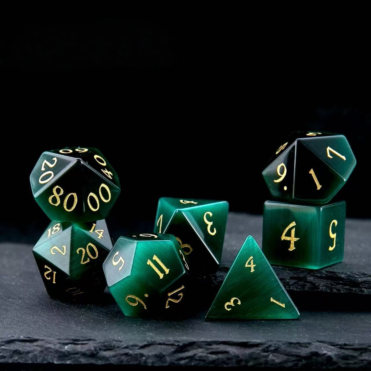 DIEACE D&D Dark Green Cats Eye Stone Gemstone Engraved Dice Set