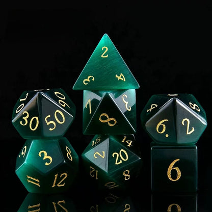 DIEACE D&D Dark Green Cats Eye Stone Gemstone Engraved Dice Set