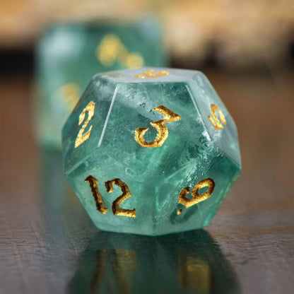 DIEACE D&D Green Fluorite Gemstone Engraved Dice Set