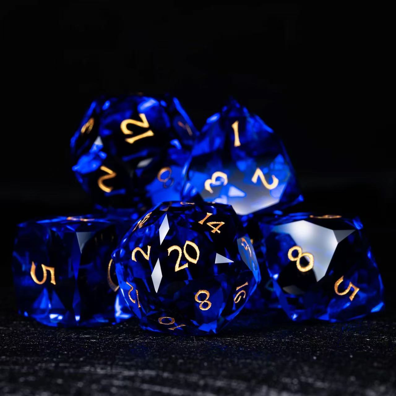 DIEACE D&D Sapphire multi-faceted prism glass dice set